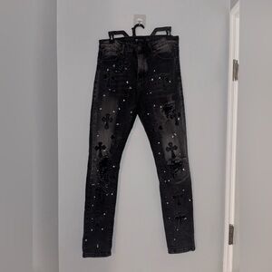 Waimea Skinny Fit Black Washed Paint Speckled Distressed Cross Patch Denim Jeans